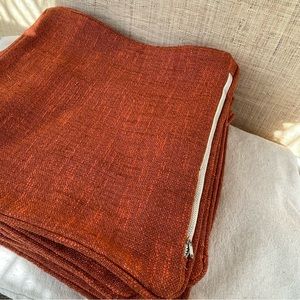Russet red rough linen handmade accent pillowcases, 13” square.